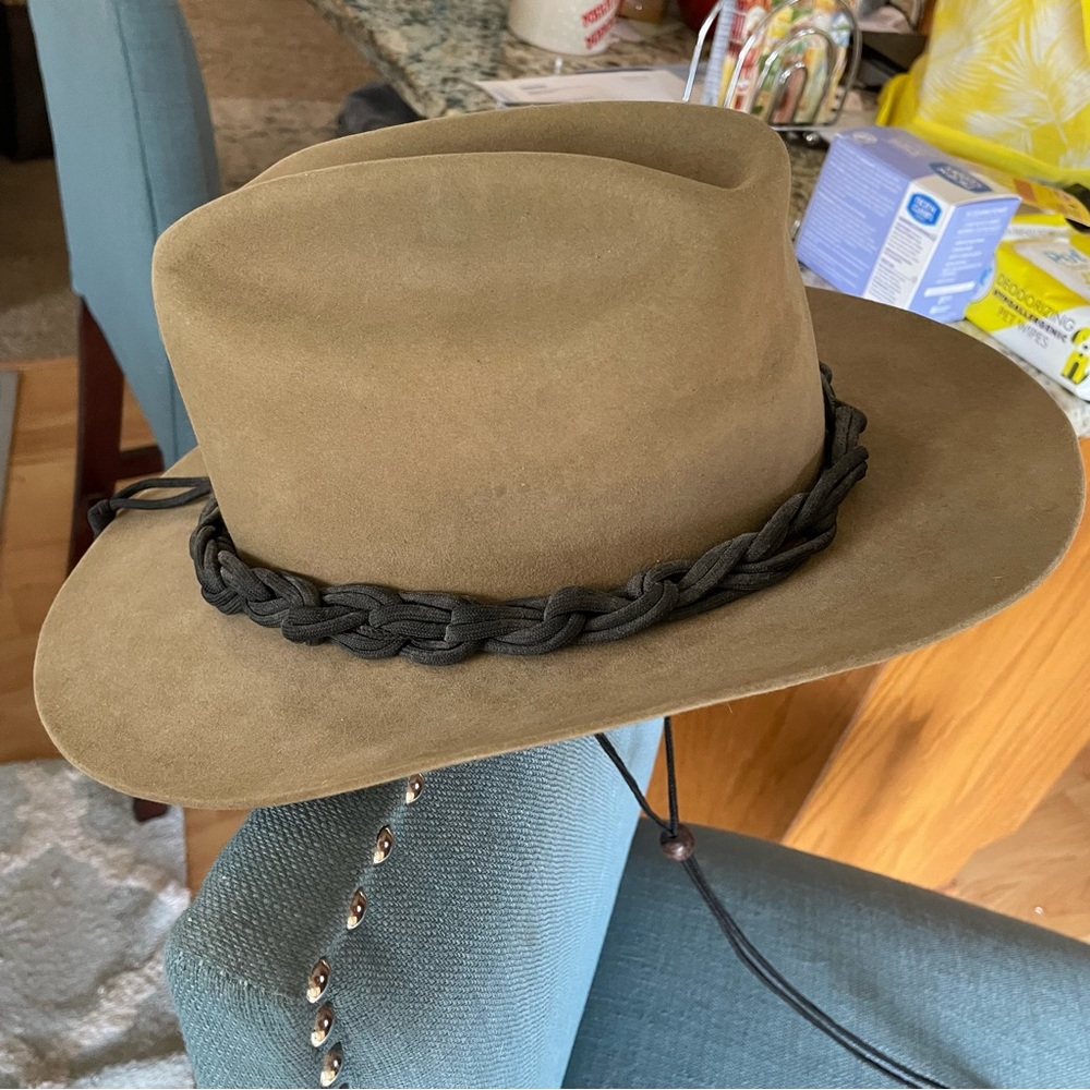 Stetson Tan Hat with Black Braided Band and strap. 7 3/8